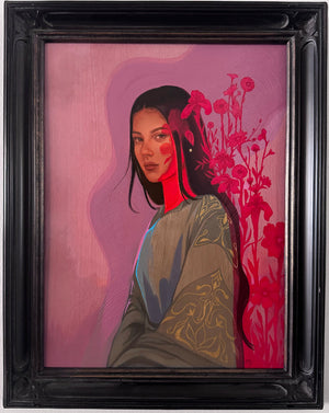 A framed portrait painting of a woman with dark hair, set against a pink and red floral background, housed in a black ornate frame.