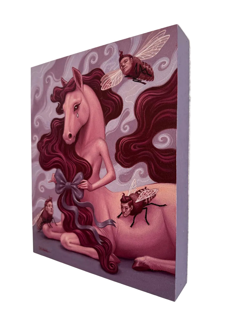 Surreal artwork of a horse-like creature with long red hair, surrounded by small figures and flies.
