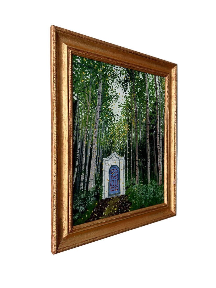 Framed artwork of a forest scene with a sign on a white background