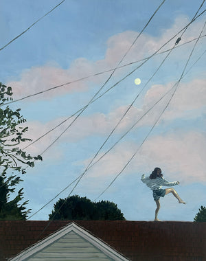 Person on a roof with power lines and a moonlit sky