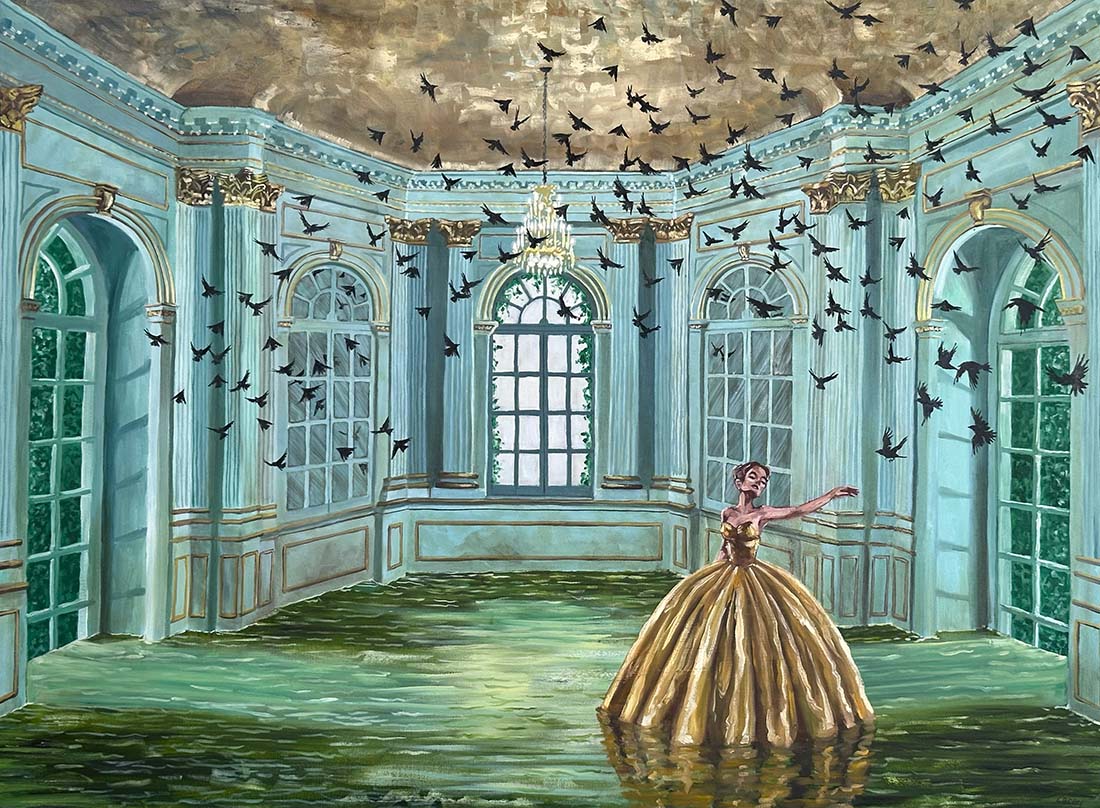 Woman in a gold dress standing in a flooded room with birds flying around.