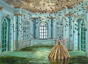 Woman in a gold dress standing in a flooded room with birds flying around.