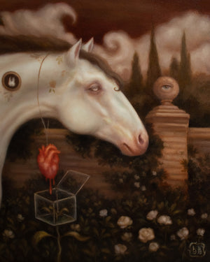 Artistic depiction of a white horse with a heart in a box, surrounded by nature and mystical elements.