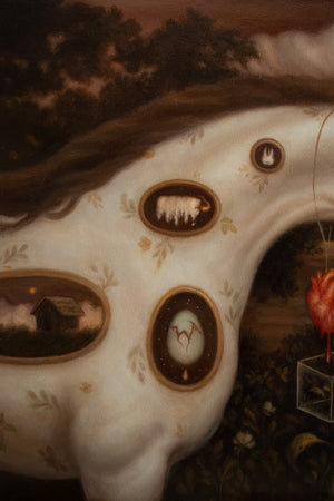 Close-up of a horse's neck with small oval panels and a heart, set against a dark background.