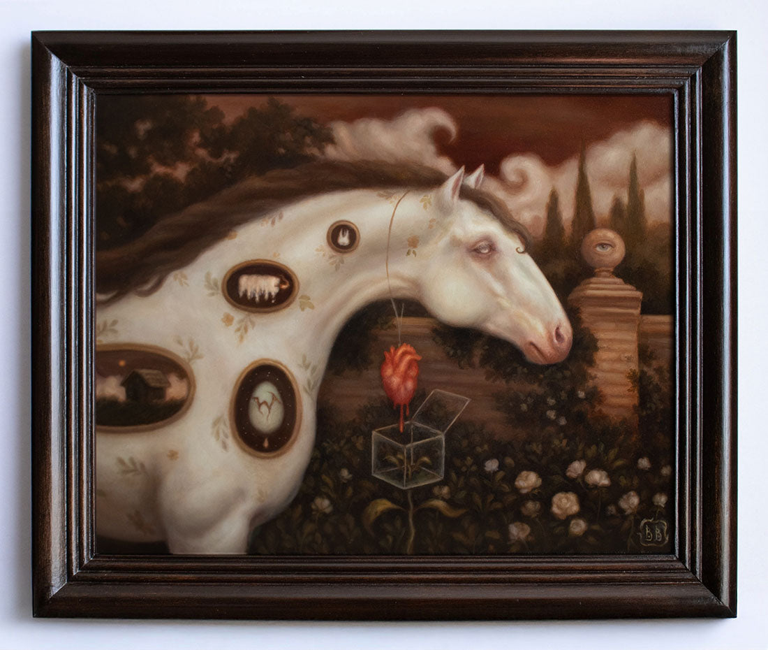 Framed artwork of a white horse with surreal elements on a white background