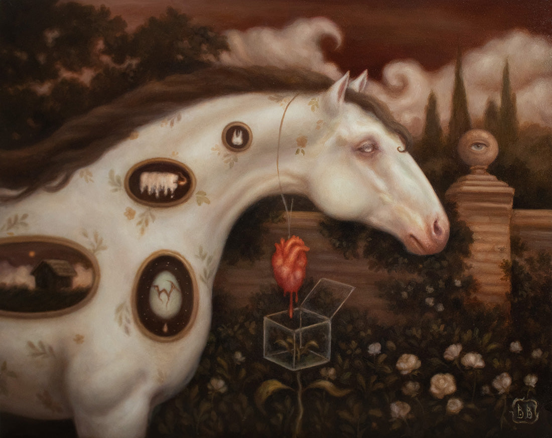 White horse with decorative elements and a heart in a crystal ball in a fantasy setting