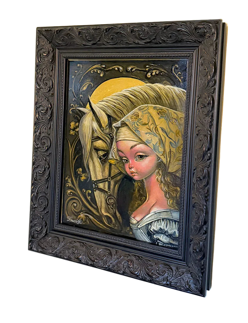 Artistic depiction of a woman and horse with intricate details and decorative elements.