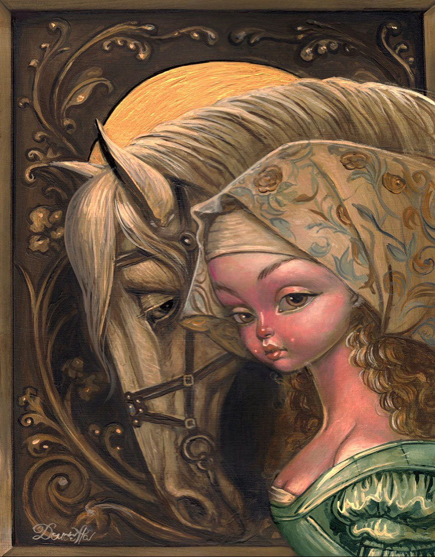 Artistic depiction of a woman and horse with intricate details and decorative elements.