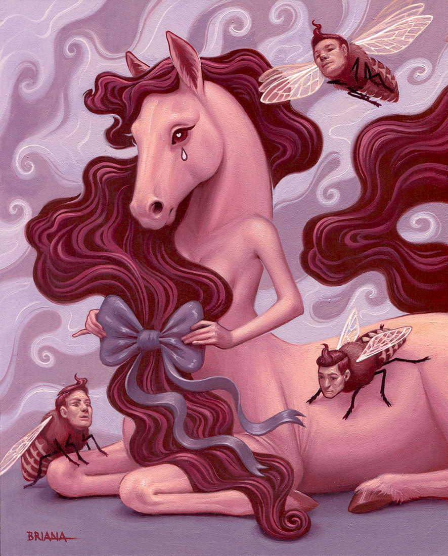 Surreal artwork of a horse-like creature with long red hair, surrounded by small figures and flies.