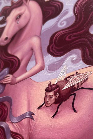 Illustration of a horse-like creature with a fly on its back, set against a soft purple background.