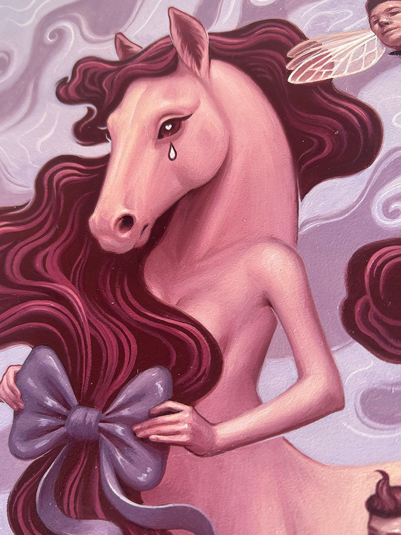 Fairy-like creature with horse-like features holding a large bow against a decorative background