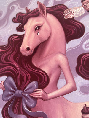 Fairy-like creature with horse-like features holding a large bow against a decorative background