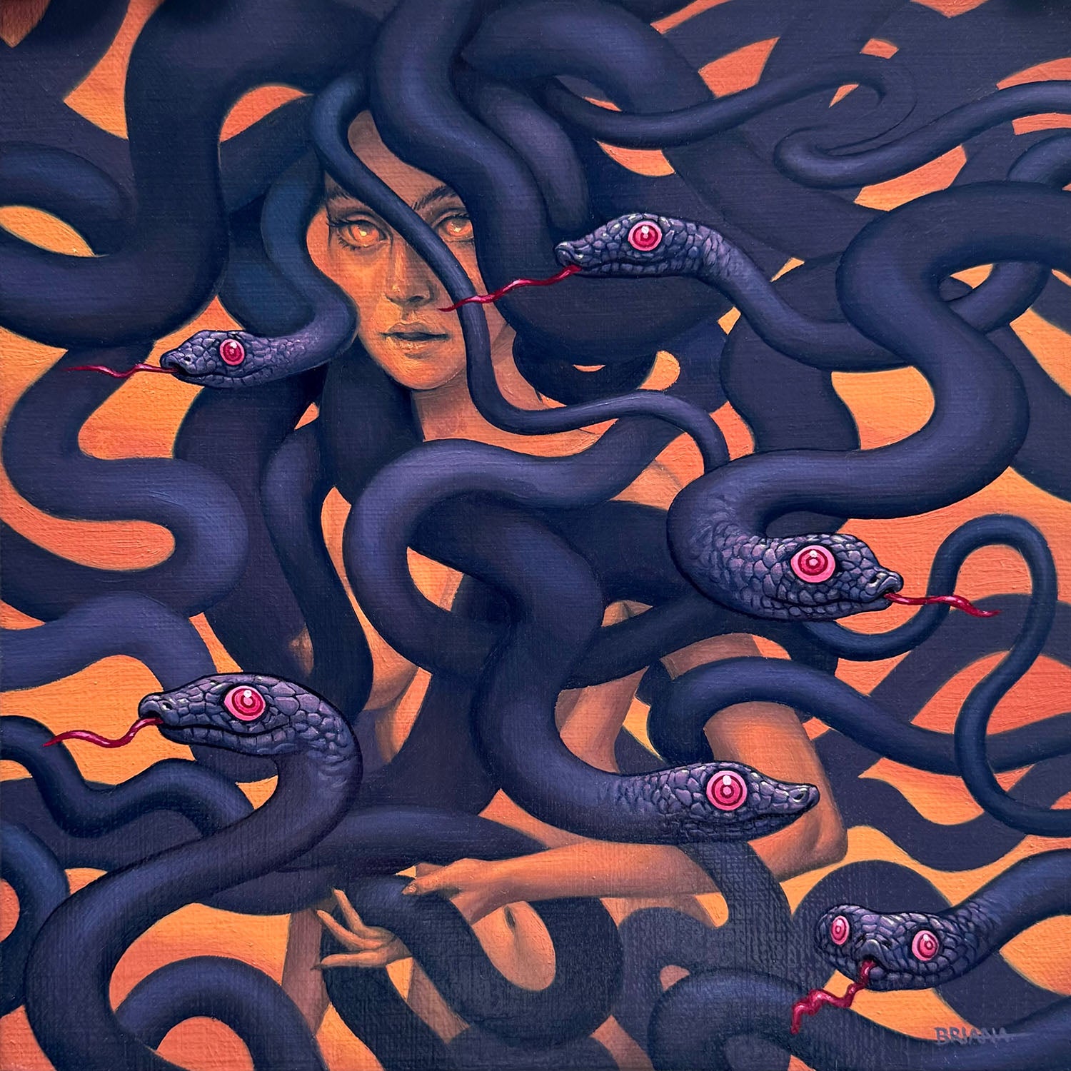 Painting on red ochre of a female medusa figure enshrouded with purple snakes with their red tongues out.