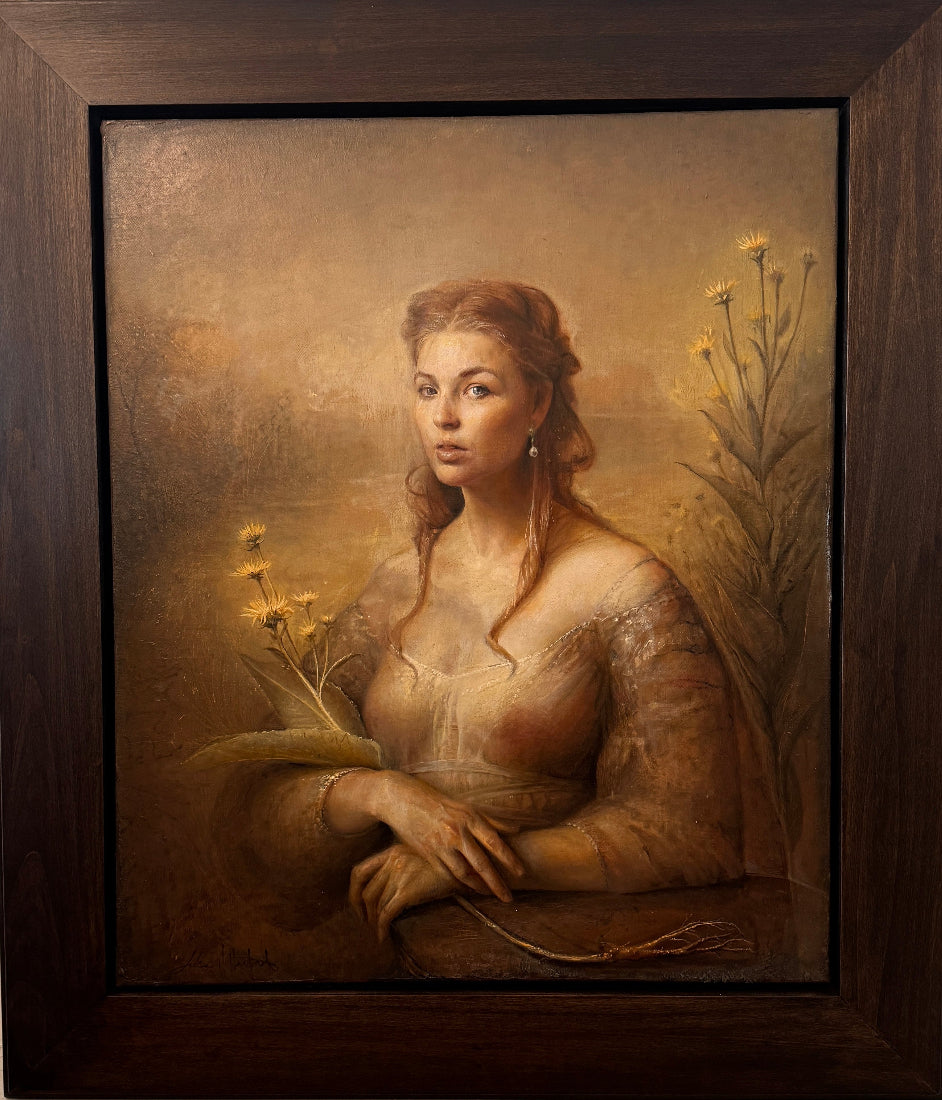 Framed painting of a woman holding flowers against a natural background