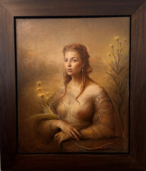 Framed painting of a woman holding flowers against a natural background