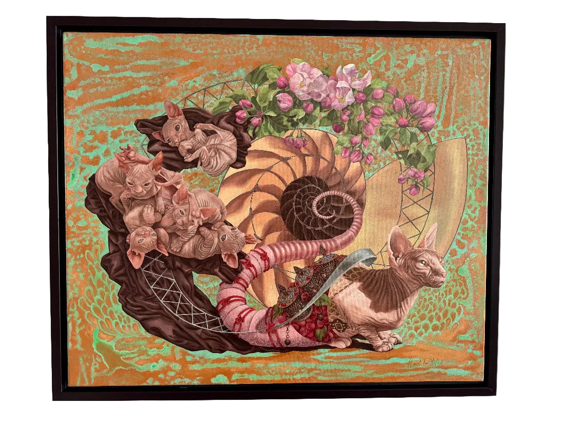 Framed artwork of a stylized sphynx cat with decorative elements on a textured background