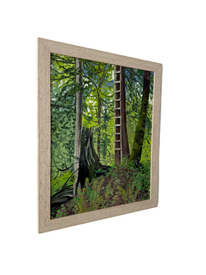 Framed painting of a serene landscape with a ladder and trees on a white wall.