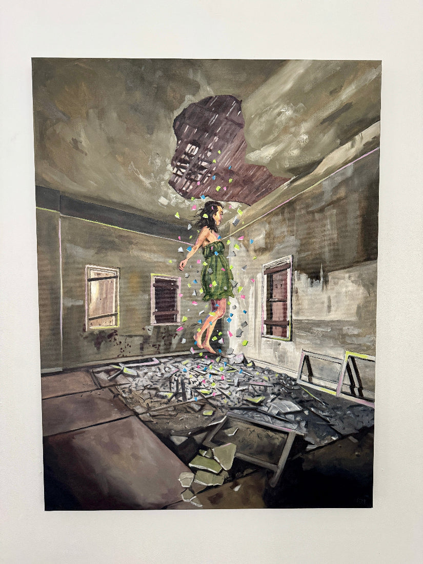 Artistic depiction of a woman in a room with broken furniture and debris.