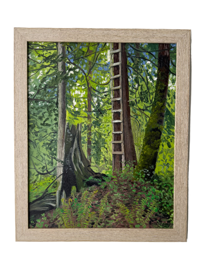Framed artwork of a forest scene on a white wall