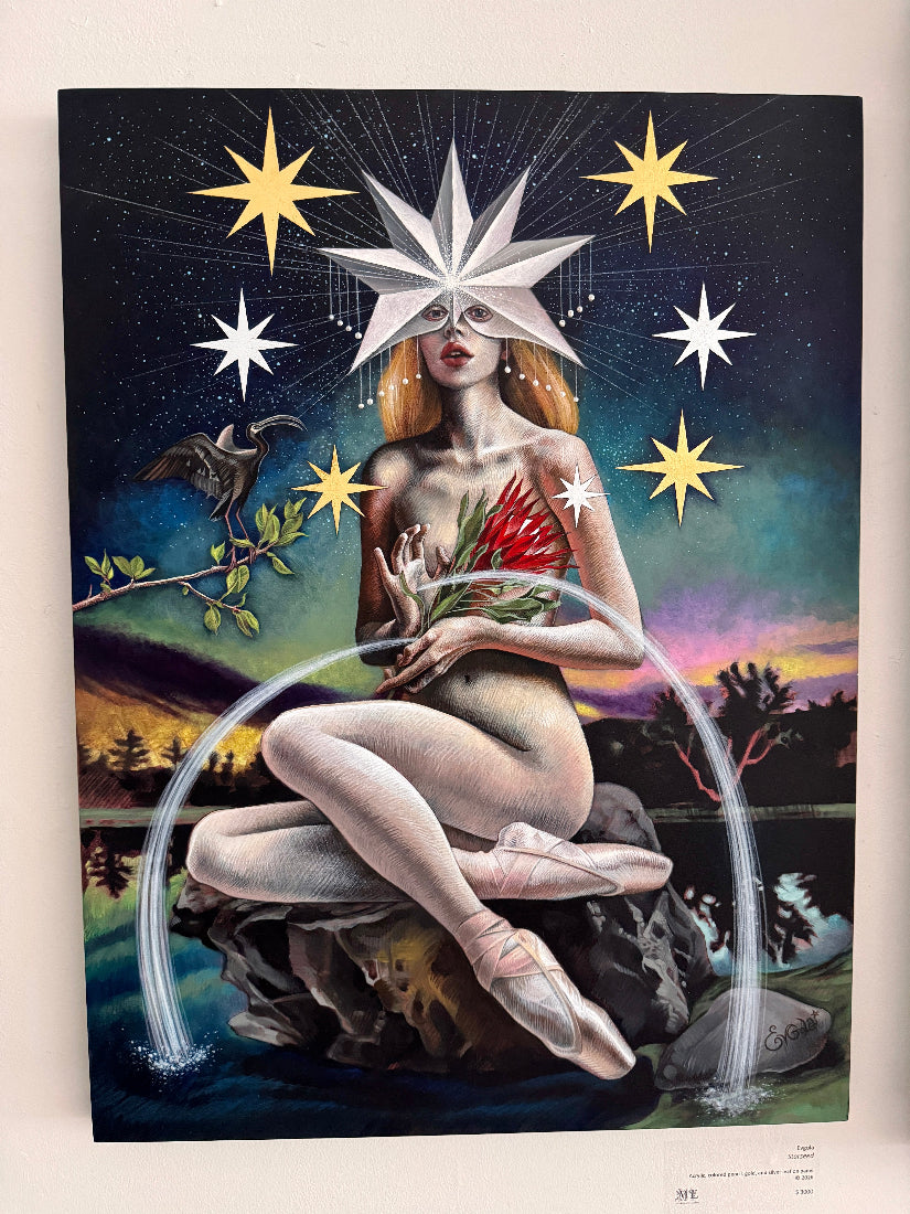 Artistic depiction of a woman with stars on her head, holding a flower, against a starry night sky.