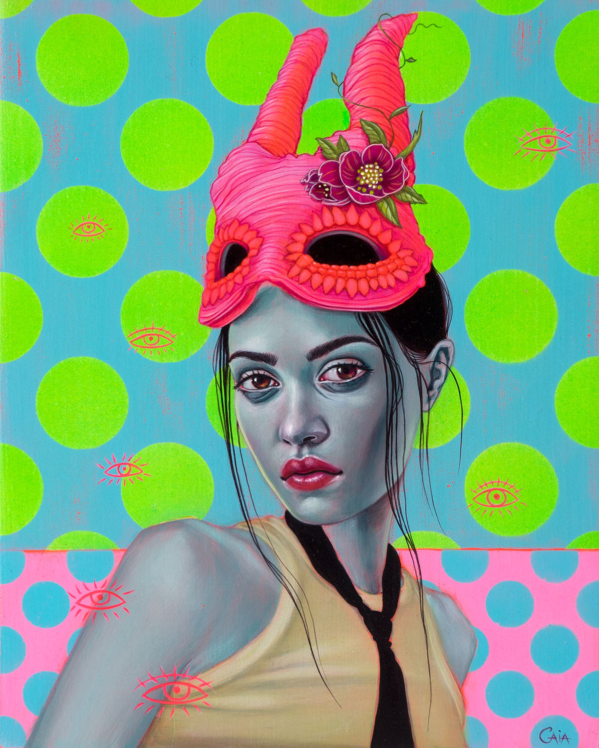 fluorescent color portrait of a woman wearing a pink horned mask and a black tie and sleeveless top in front of a background of green spots on blue and blue spots on pink and scattered red eye outline symbols.