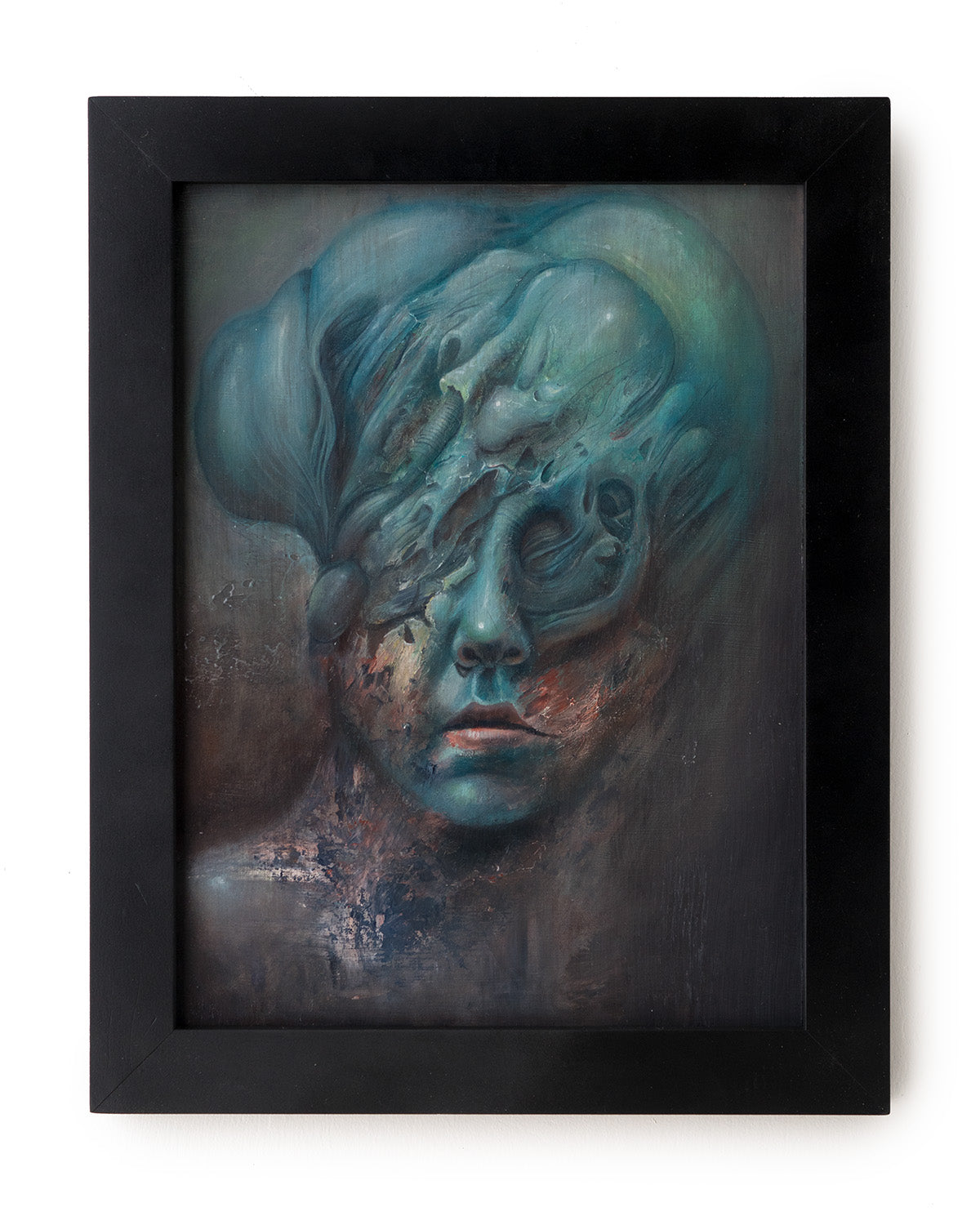 Oil painting with texture of a face with bulbous melting aqua membranes around the skull and blurred out around the edges with texture palette knifed red and pink highlights across the cheeks.