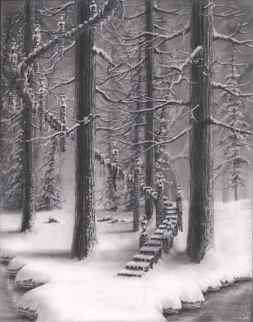 Snowy forest scene with a staircase leading through snow-covered trees