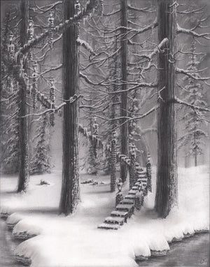 Snowy forest scene with a staircase leading through snow-covered trees