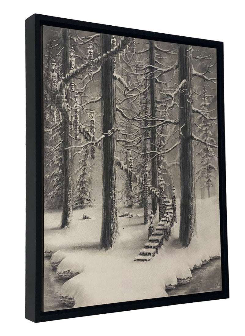 Framed black and white drawing of a snowy forest scene with a staircase.