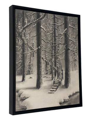 Framed black and white drawing of a snowy forest scene with a staircase.