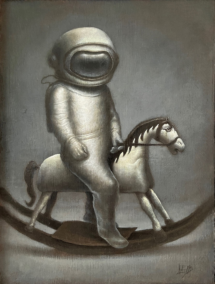 Astronaut riding a toy horse on a gray background