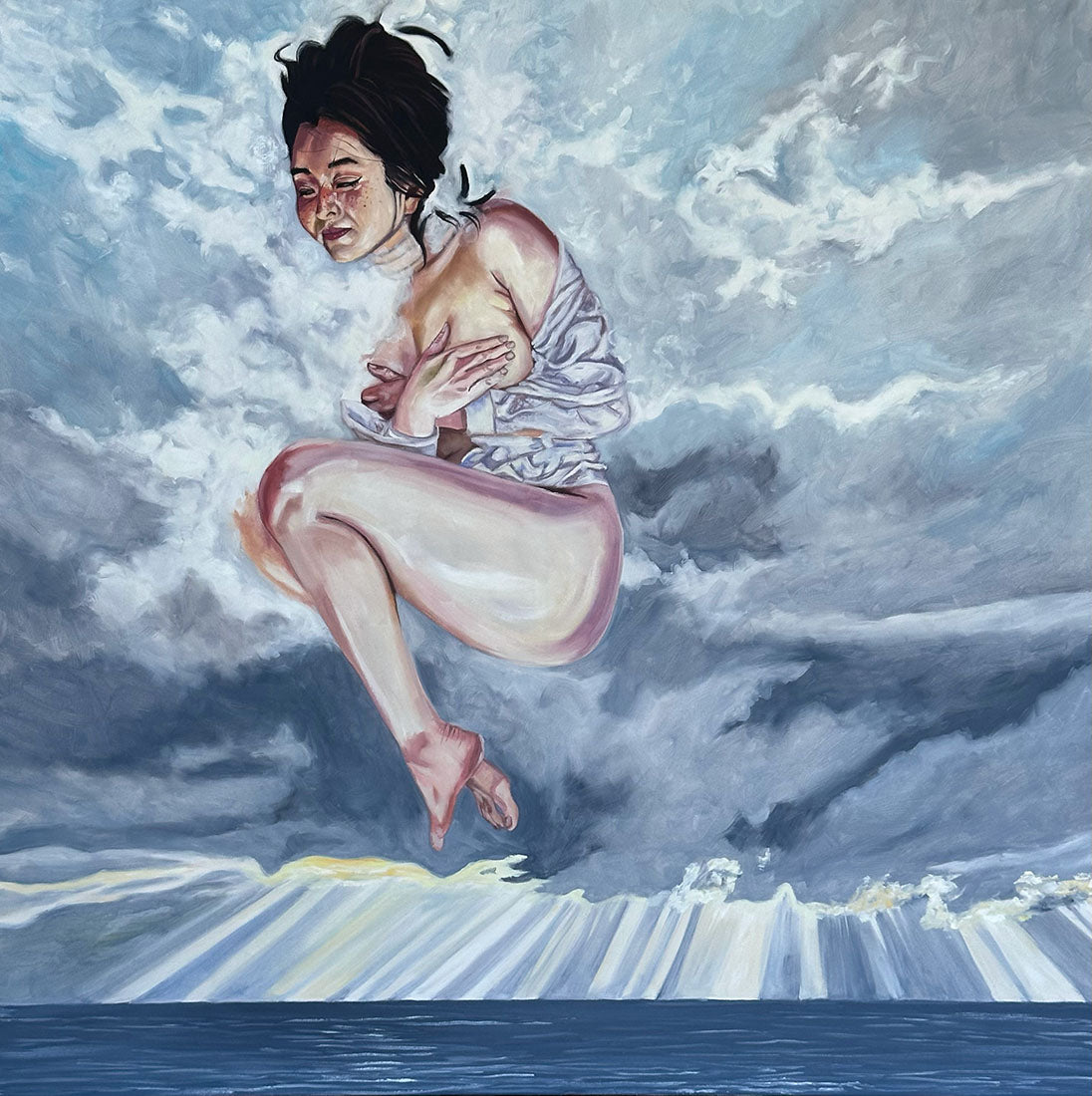 Artistic depiction of a person sitting on a wave with a cloudy sky background