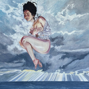 Artistic depiction of a person sitting on a wave with a cloudy sky background