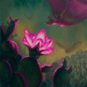 Fantasy scene with pink flowers and creatures in a mystical forest