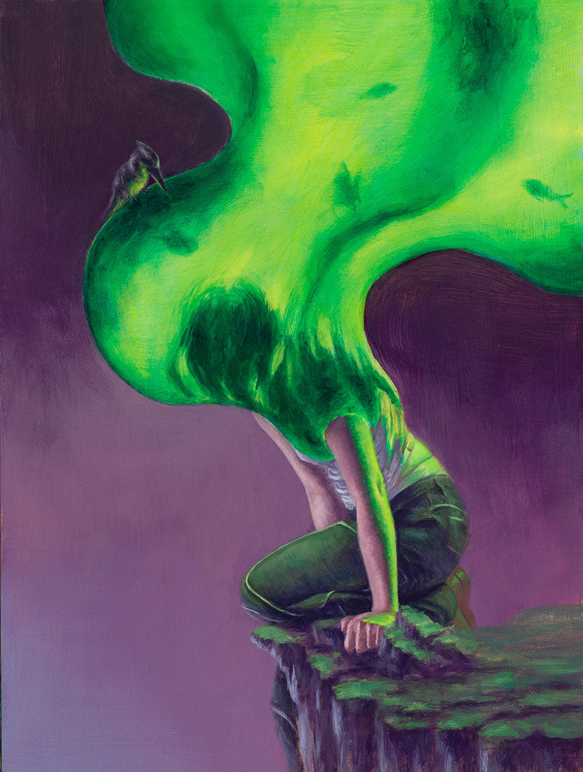 Artistic depiction of a person emerging from a green, cloud-like mass on a purple background