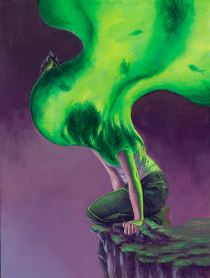 Artistic depiction of a person emerging from a green, cloud-like mass on a purple background