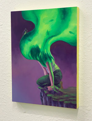 Surreal painting of a green creature with a long tongue on a purple background