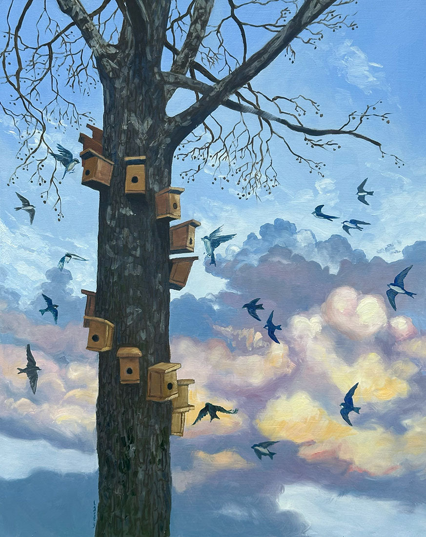 Tree with multiple birdhouses and birds against a colorful sky