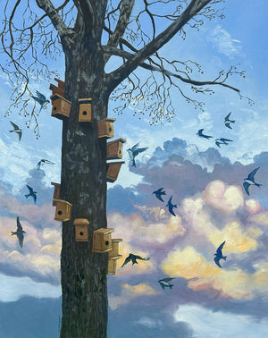 Tree with multiple birdhouses and birds against a colorful sky