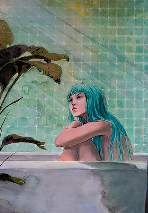 Person with turquoise hair in a bathtub with tiled walls and a plant.