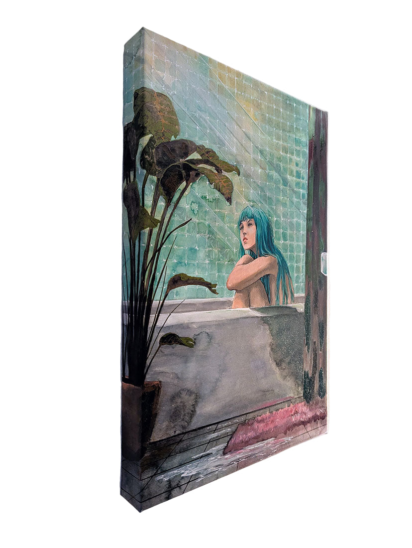 Artistic depiction of a person with blue hair in a bathtub with plants and tiles.