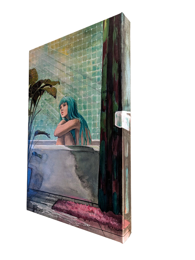 Artistic depiction of a person with blue hair in a bathtub, framed as wall art.