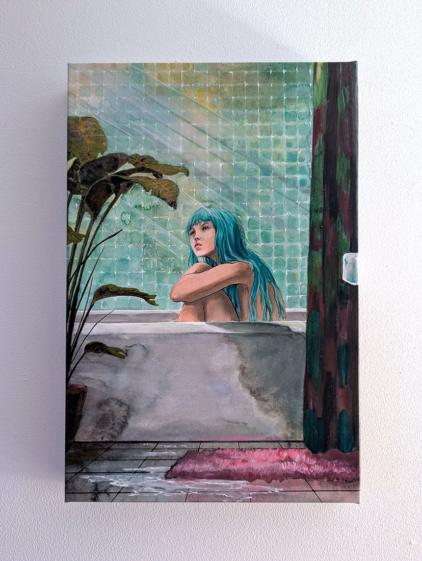 Woman with blue hair in a bathtub with a mosaic tiled wall.