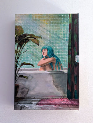 Woman with blue hair in a bathtub with a mosaic tiled wall.