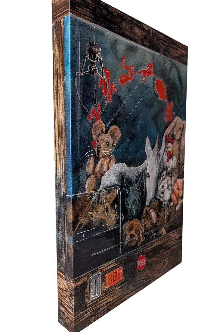 Vintage toy vending machine with various plush toys inside, including a dog and a rabbit, on a wooden surface.