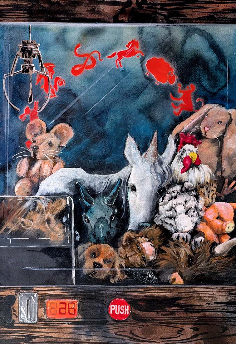 Vintage toy vending machine with various plush toys inside, including a dog and a rabbit, on a wooden surface.