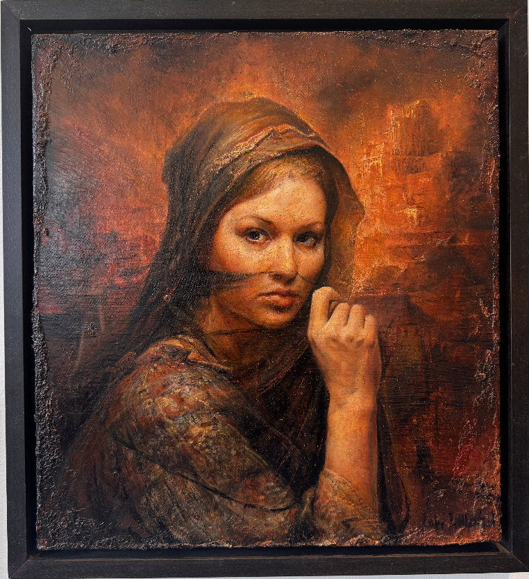 Framed painting of a woman with a textured background