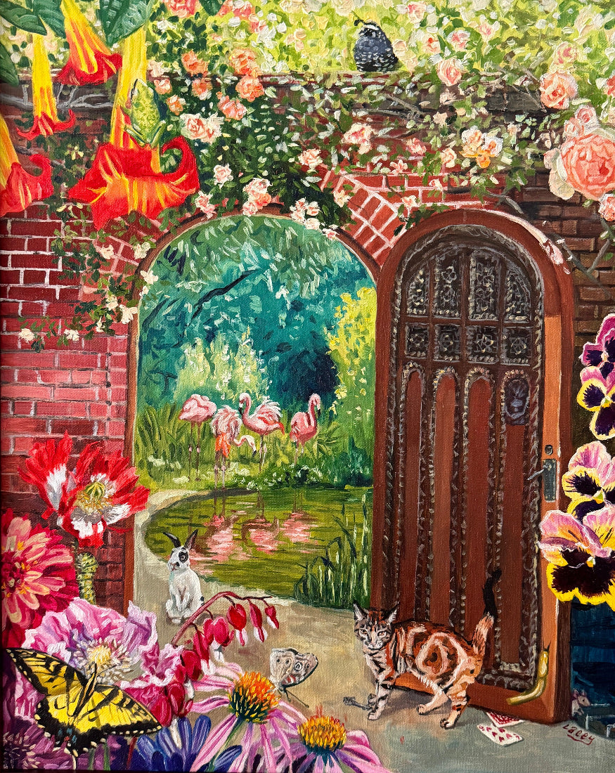 Framed artwork of a garden scene with flowers, animals, and a door.