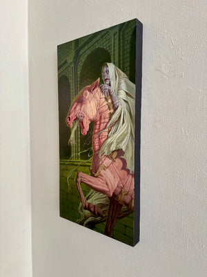 Painting of a ghostly figure on a horse in an archway