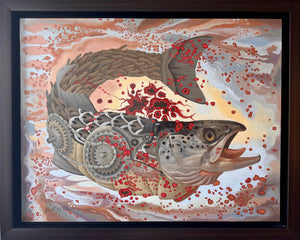 Framed artwork of a fish with mechanical elements on a beige wall